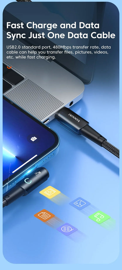 Toocki 20W PD 3.0 USB C Cable for iPhone 15 14 13 12 Pro Max Fast Charging Charger for MacBook iPad Pro Max Lightning Wire Cord