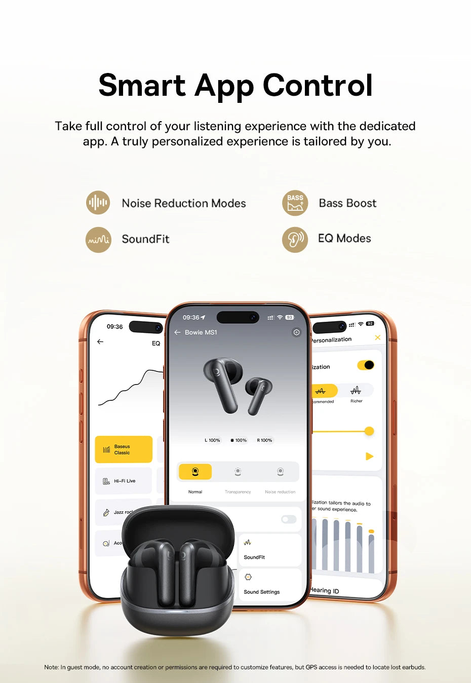 Baseus Bowie MS1 -55dB Adaptive ANC Earbuds Semi-In-Ear Wireless Bluetooth 6.0 Earphones Stable Fit Ear Hi-Res Audio Headphone