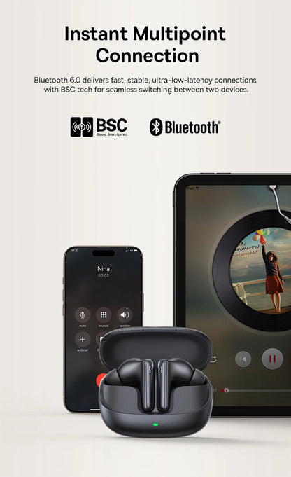 Baseus Bowie MP1 ANC Bluetooth 6.0 True Wireless Earbuds -55dB Adaptive Hybrid ANC Earphones Hi-Res LDAC 6-Mic ENC In-Ear Buds