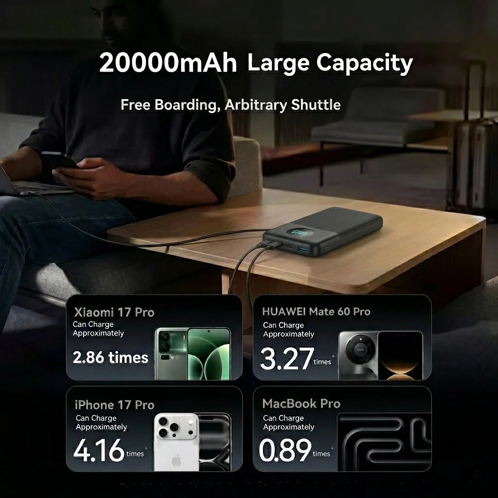 PD Charging 20000mAh Power Bank Portable Charger 3 Ports USB C External Battery Pack High Capacity Travel Backup Power For iPhone 16 15 14 13 Pro Max Plus iPad Mac Samsung Galaxy S25 S24 Ultra Pixel