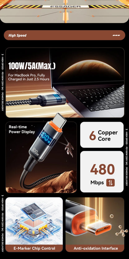 Essager 100W USB C to Type C Digital Display Cable Fast Charging 5A Type C to Type C Cable For MacBook Pro Xiaomi Huawei Samsung