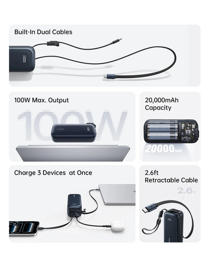 Baseus 100W 20000mAh Power Bank Retractable USB-C Cable for iPhone 18 Duo 17 Pro Max Samsung S26 Portable Charger for Laptop