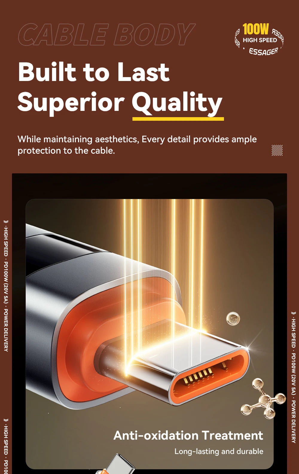 Essager 100W USB C to Type C Digital Display Cable Fast Charging 5A Type C to Type C Cable For MacBook Pro Xiaomi Huawei Samsung