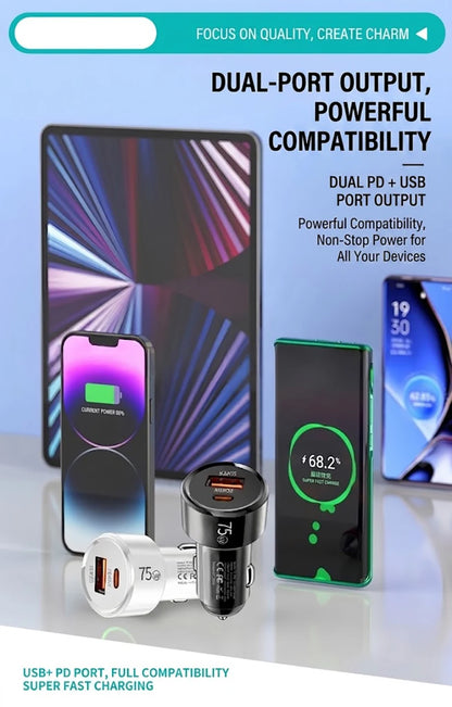 Dual Port 75W Vehicle Charger PD 45W QC 30W Fast Charging Auto Adapter Intelligent Chip Multiple Protections For Cars For iPhone