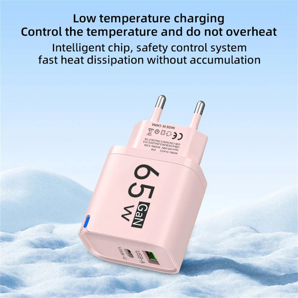 65W USB-C Fast Charger PD Type-C Dual Ports Mobile Phones Charging Adapter EU US UK Plug For iPhone Samsung Xiaomi