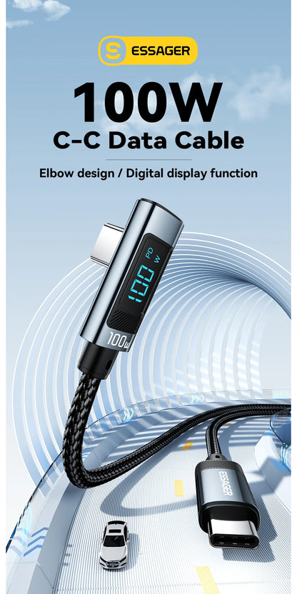Essager PD100W USB Type C Cable 90 Degree 5A Fasting Charing For iPhone Xiaomi Samsung Huawei Laptops LED Digital Display Cable