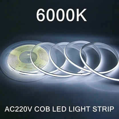 AC220V 240LEDs/M COB LED Strip Light Flexible Tape Lights Smart IC No Need Driver High Bright Linear Lighting RA95 Warm White