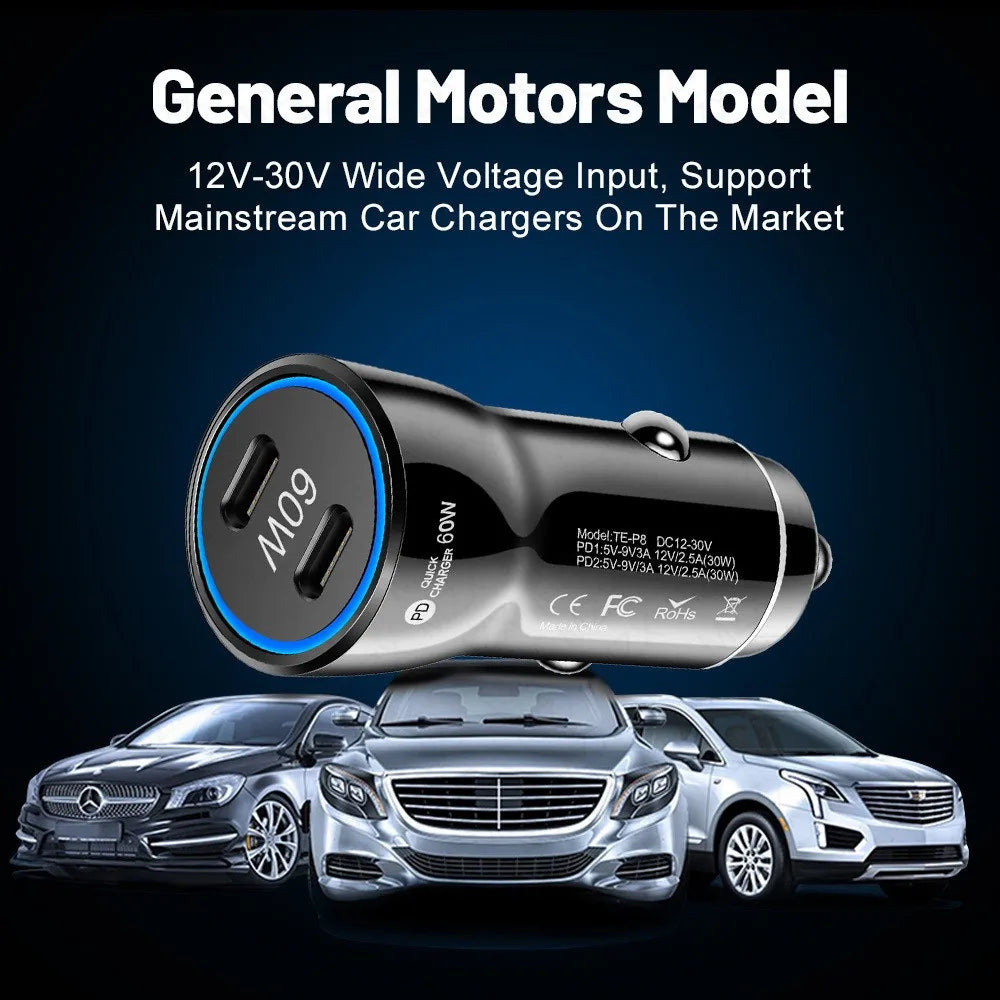 MZX 60W 48W 30W Duar Car Charger PD USB A Type C Smart Quick Charge 12V 24V Cigar Lighter Ultra QC 3.0 Charging for Cell Phone