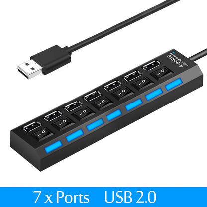 USB HUB 3.0 USB 2.0 Hub Multi USB Splitter Hub Use Power Adapter 4/7 Port Multiple Expander USB 3.0 Hub with Switch 30CM Cable