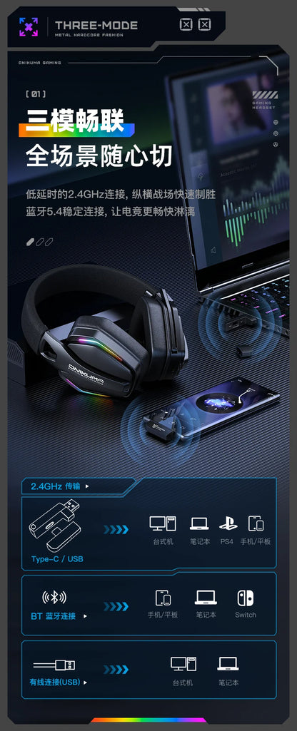 ONIKUMA GT826 Wireless Headset Gaming Headphone Tri Mode Connection Bluetooth USB C 2.4G Low Latency RGB Stereo Sound For PS5 PC