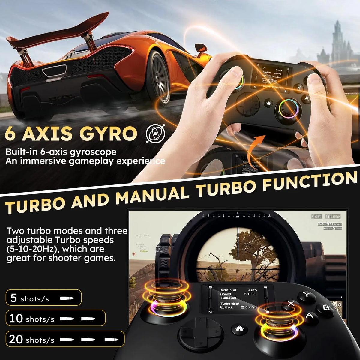 Wireless gaming controller with an interactive screen, compatible with PC, PS4, Switch, Android, and iOS devices. Features 4 programmable buttons, rapid-fire functionality, a 6-axis gyroscope, dual vibration feedback, and RGB