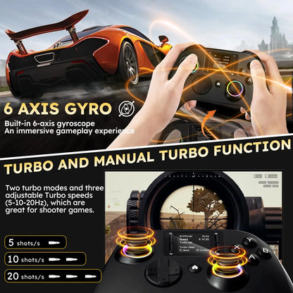 Wireless gaming controller with an interactive screen, compatible with PC, PS4, Switch, Android, and iOS devices. Features 4 programmable buttons, rapid-fire functionality, a 6-axis gyroscope, dual vibration feedback, and RGB