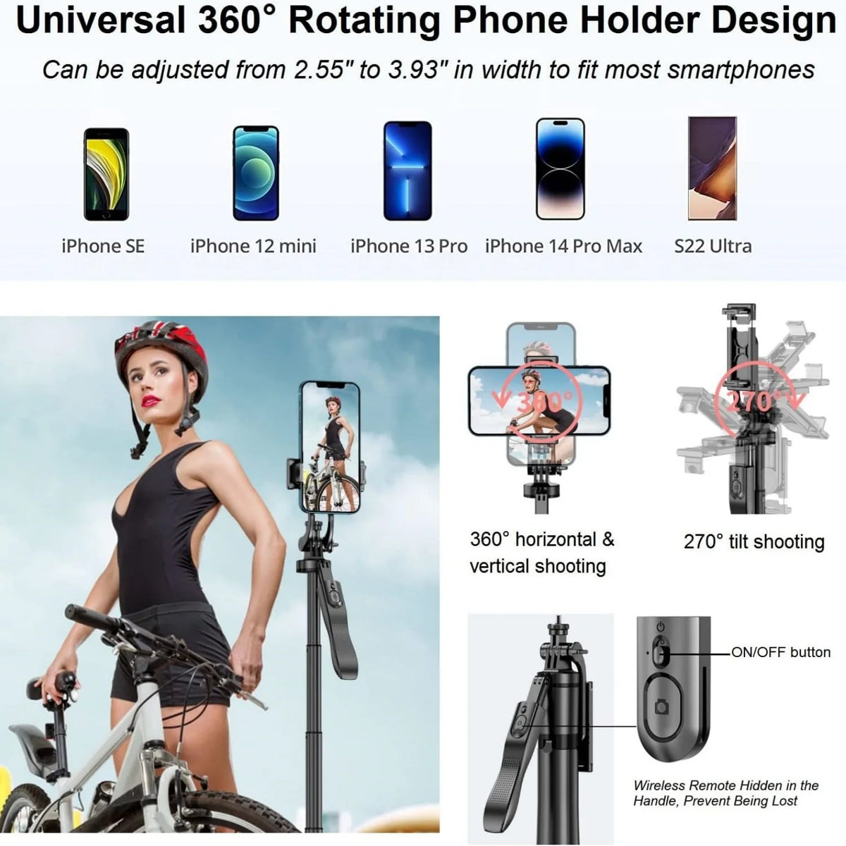 1.55m Extendable Wireless Selfie Stick Tripod with Bluetooth Remote for iPhone Android GoPro,360°Rotation Phone Stand for Videos
