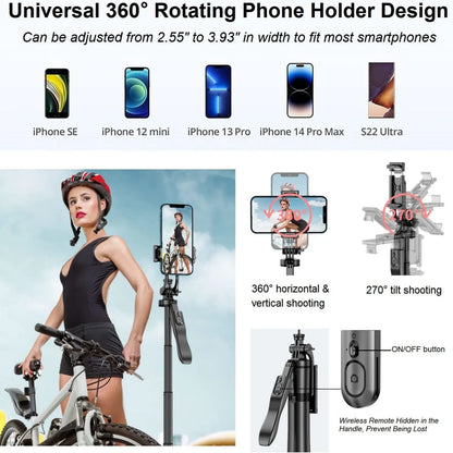 1.55m Extendable Wireless Selfie Stick Tripod with Bluetooth Remote for iPhone Android GoPro,360°Rotation Phone Stand for Videos