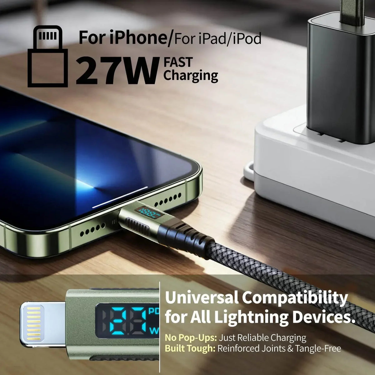 MFI Certified 27W USB-C to Lightning Cable Fast Charging LED Display Screen For iPhone 14/13/12/11/10 Series iPad Pro/Air
