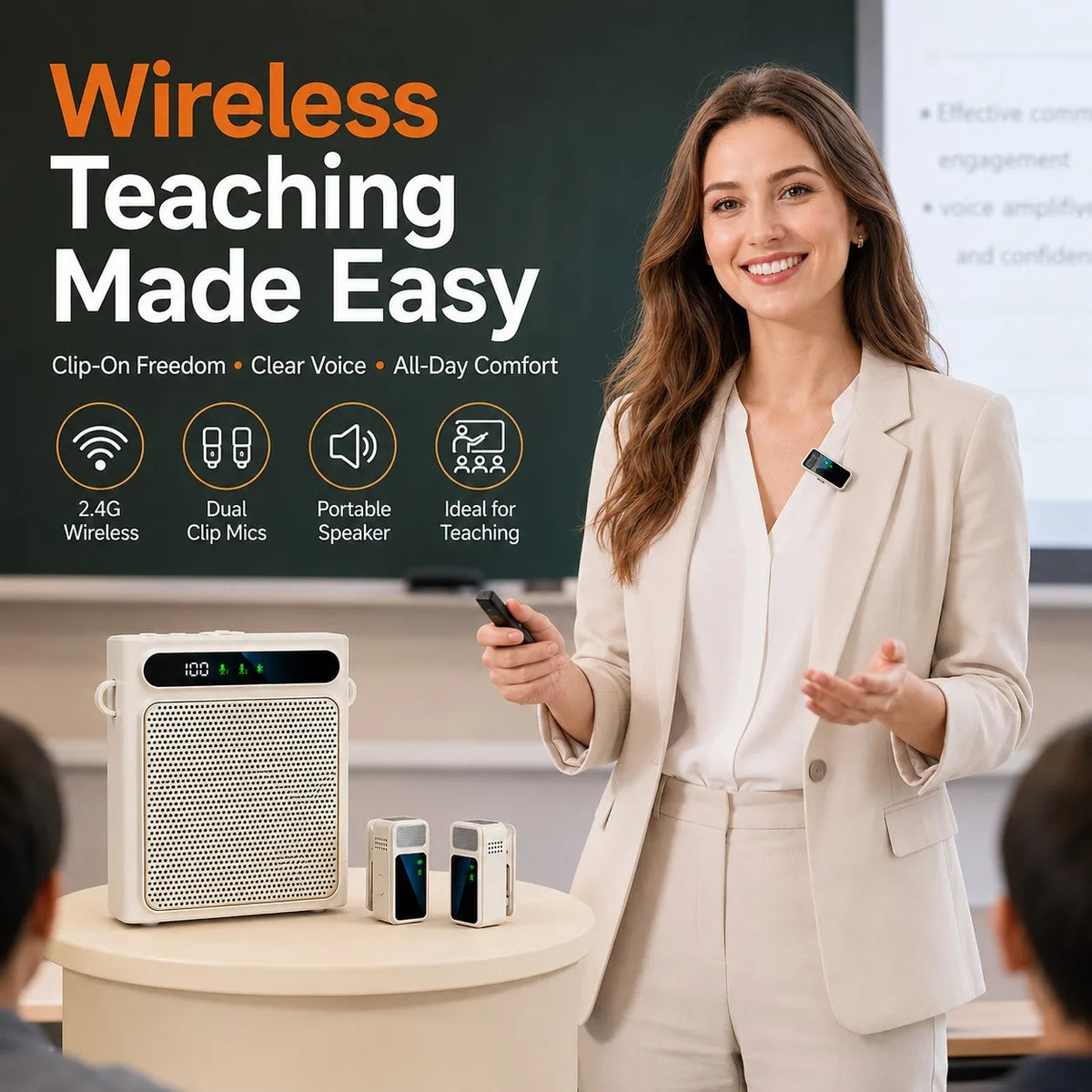 Portable Voice Amplifier for Teachers, Wireless Dual Clip Mic Bluetooth Speaker 2500mAh for Classroom Meetings Tours