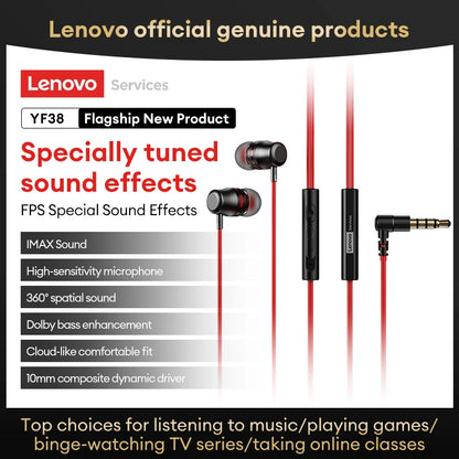 Lenovo YF38 Wired Earphones Type-C/3.5mm Gaming Headphones HiFi-level Dynamic Sound Ultra-low Latency Earbuds W Mic Tangle-Free