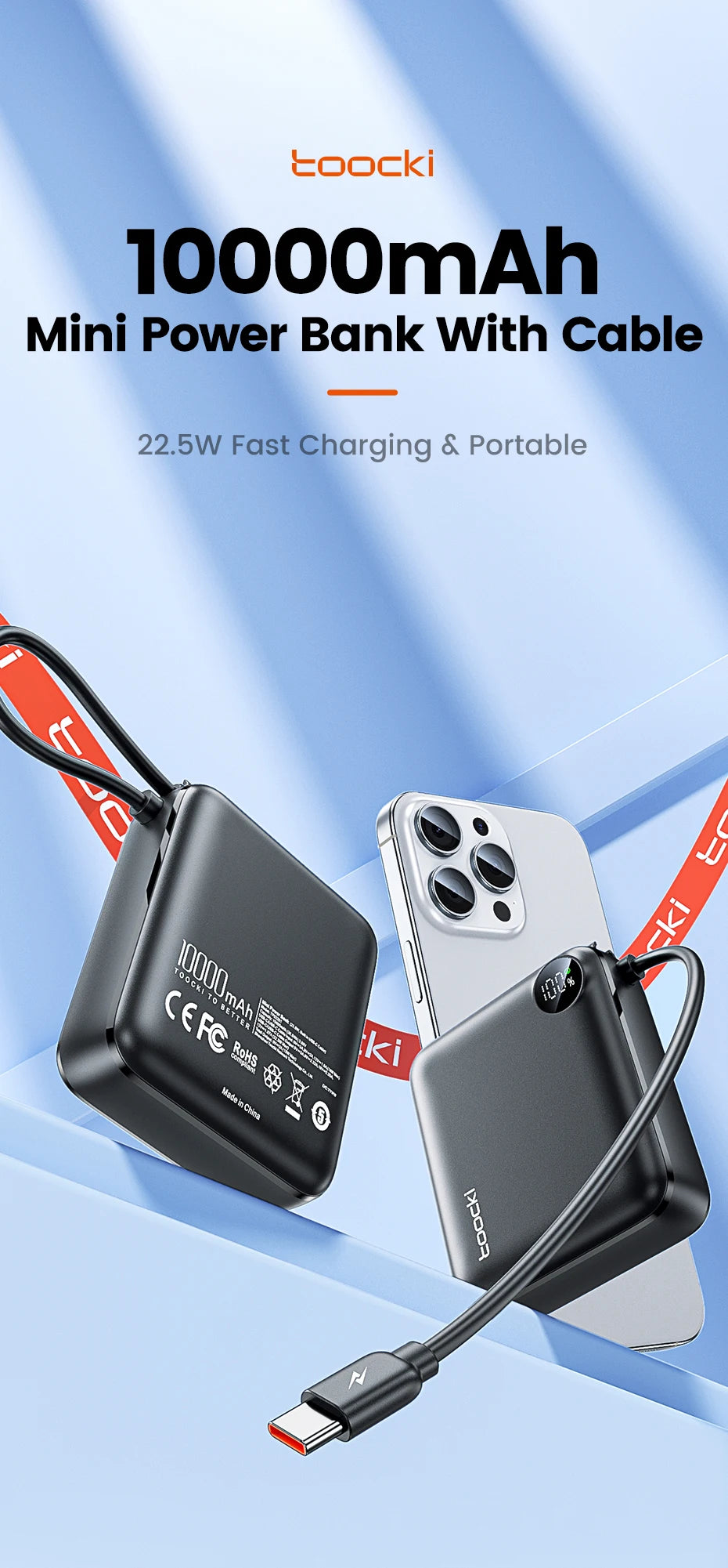 Toocki Portable PowerBank Built-in USB C Cable 10000/20000mAh PD 22.5W Fast Charging Power Bank for iPhone 16 15 14 13 Samsung