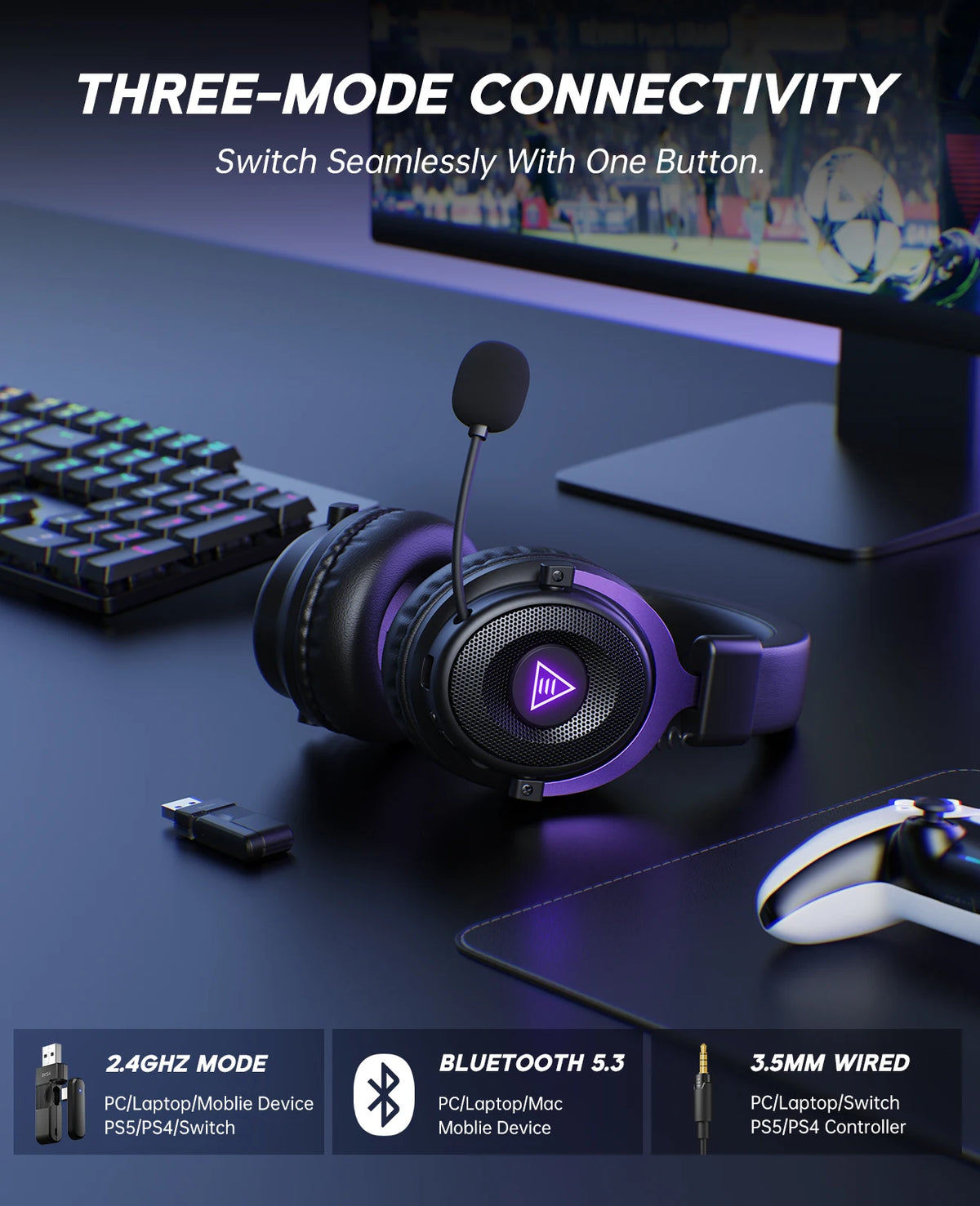 Oneodio EKSA E900 WT 2.4G Wireless Gaming Headset Tri-Mode Over Ear Bluetooth Headphones Gamer With Mic RGB For PC PS4 PS5 80Hr