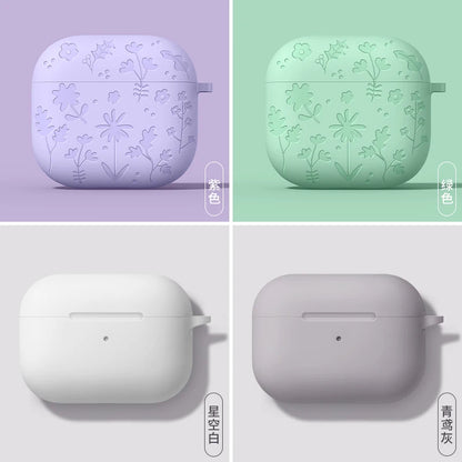 For AirPods 4th Generation Case with Cleaner Kit/Keychain Flower Engraved Silicone Shockproof Cover for 2024 AirPods 4 Case New