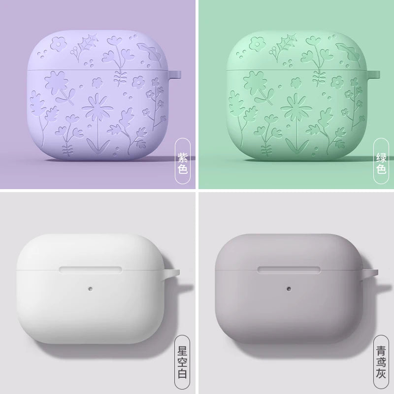 For AirPods 4th Generation Case with Cleaner Kit/Keychain Flower Engraved Silicone Shockproof Cover for 2024 AirPods 4 Case New