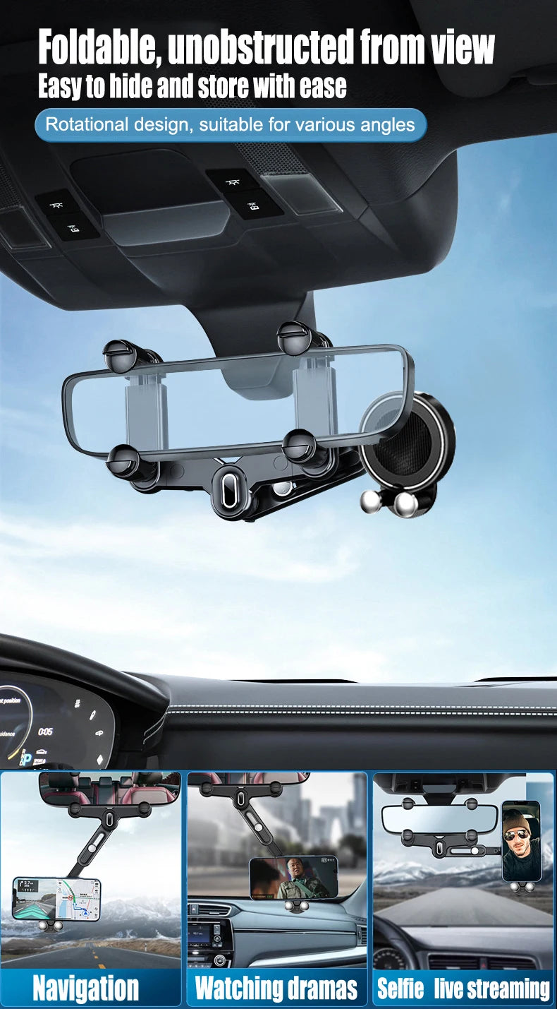 Universal Magnetic Car Mirror Mobile Phone Holder – 360° Rotation, Adjustable – For Car Navigation