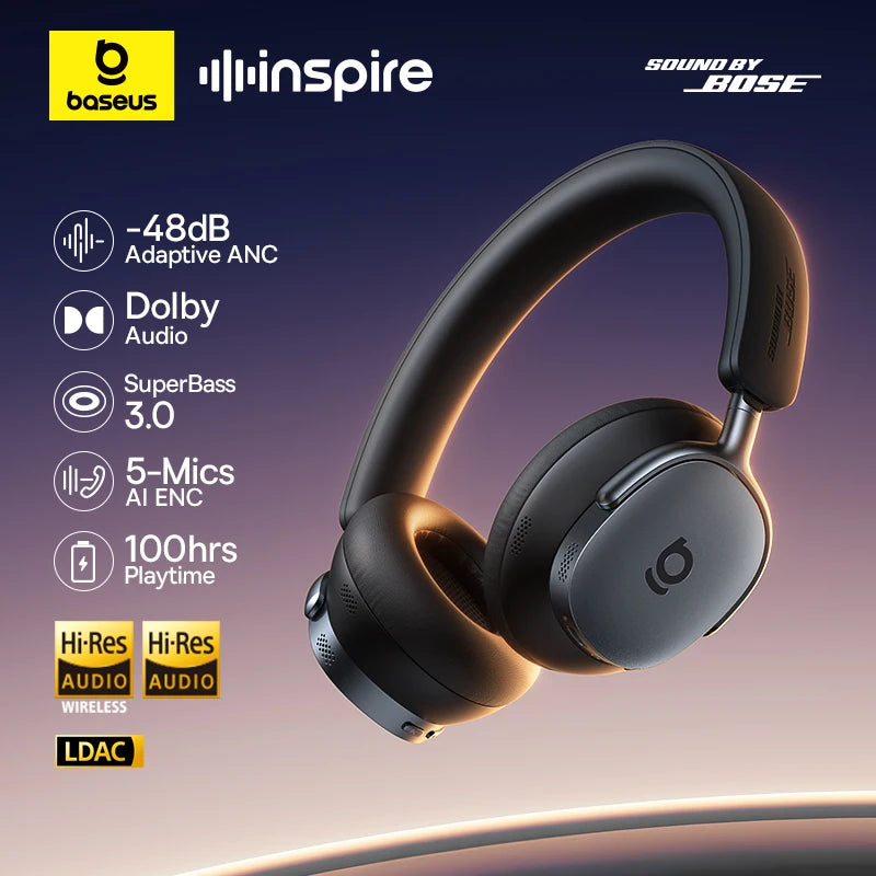 Baseus Inspire XH1 Sound by Bose ANC Wireless Headphone Bluetooth 6.1 48dB Adaptive Noise Cancellation Headset Hi-Res LDAC 100Hr