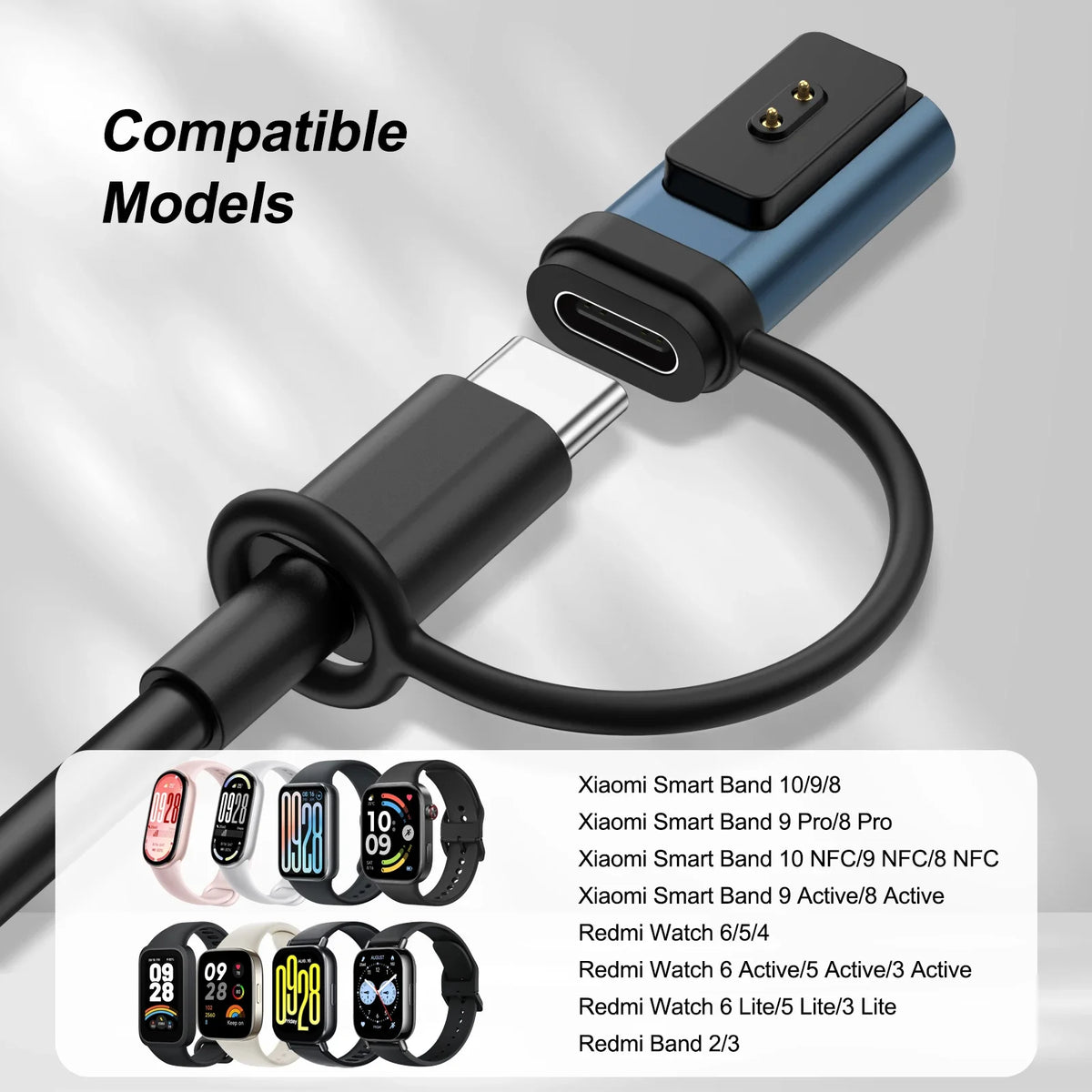 USB-C Charging Adapter Converter For Xiaomi Band 10 9 8 NFC/8 9 Pro/8 9 Active/Redmi Watch 6 5 Active 4/6 5 Lite/Redmi Band 2 3