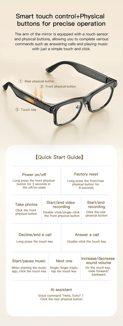 AI Smart Glasses ChatGPT Powered AI Assistant 13MP Camera Real Time Translation Smart Eyewear Bluetooth 5.4 Wearable Glasses