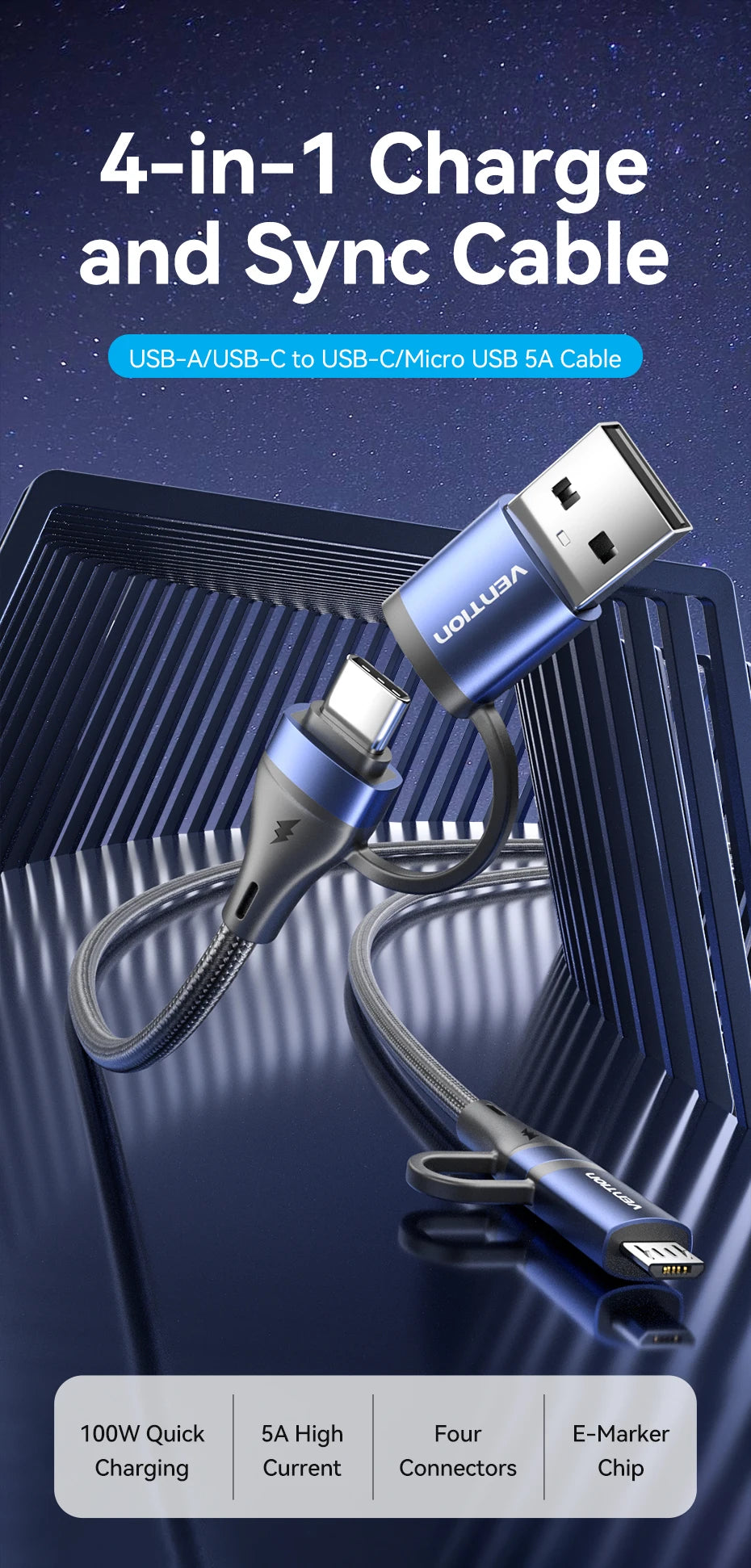 Vention 4 In 1 USB C 100W PD Type C To USB C Fast Charging Cable Usb A to Micro USB For POCO Xiaomi Samsung Mobile Phone Cable