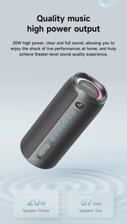 ZEALOT-S49PRO Portable Bluetooth Speaker 20W IPX6 Waterproof Powerful Sound Box Bass Boost Dual Pairing True Wireless Speaker