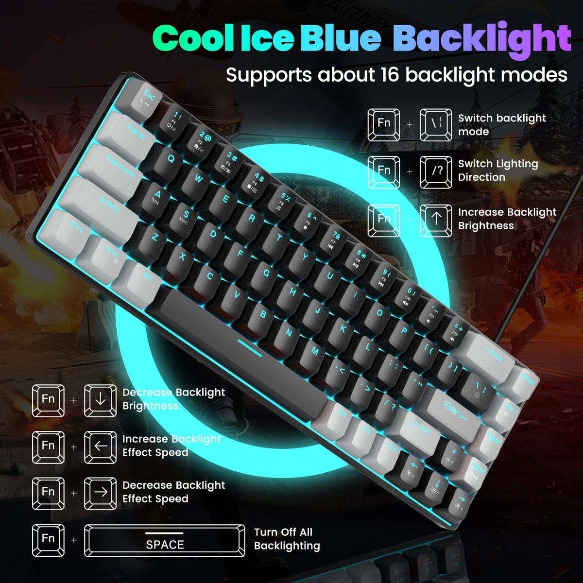 FocusOnPC MK-BOX Portable 60% Mechanical Gaming Keyboard, 68 Keys Compact Wired Keyboard with LED Backlight for Gaming & Office, Compatible with PC, Laptop & Mac, Free Random Mouse Pad Included