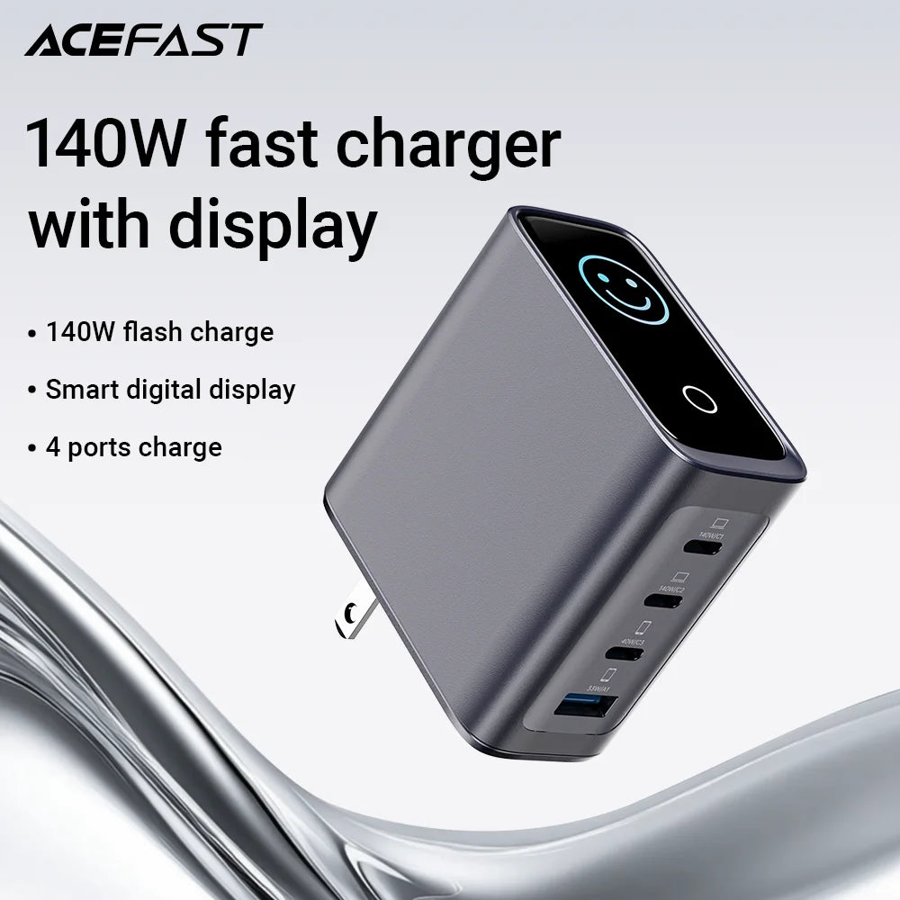 ACEFAST US Plug GaN 140W Fast Charging Phone Charger LED Display Screen For iPhone 17/16 Pro Max USB C USB A Wall Travel Adapter