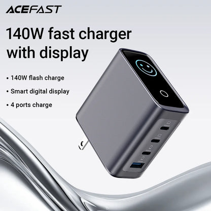 ACEFAST US Plug GaN 140W Fast Charging Phone Charger LED Display Screen For iPhone 17/16 Pro Max USB C USB A Wall Travel Adapter