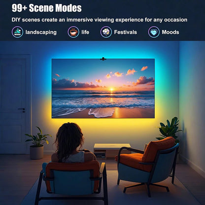 TV Sync LED Backlight with Mnini Camera, RGBIC Strip Light, Bluetooth APP & Remote Control, Music Sync, 3.8M/5M USB Lamp Tape