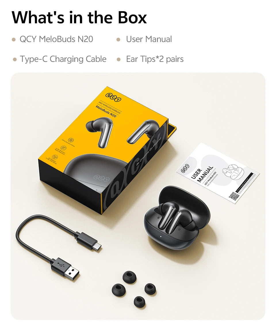 QCY MeloBuds N20 Adaptive Hybrid Noise Cancelling Earbud Wireless Bluetooth 6.0 Headphone 6 Mics Clear Call HT20 Earphone 40Hrs