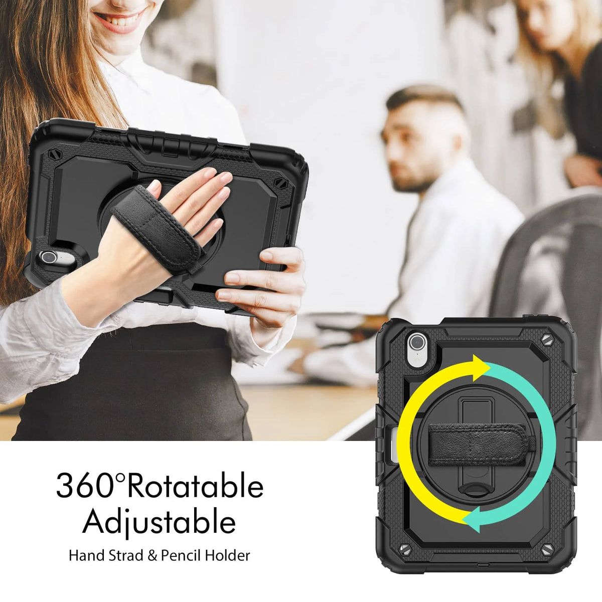 Case for iPad Mini 7 (A17 Pro)2024/ Mini 6 8.3'' with Screen Protector Pencil Holder [360 Rotating Hand Strap] &Stand Shockproof