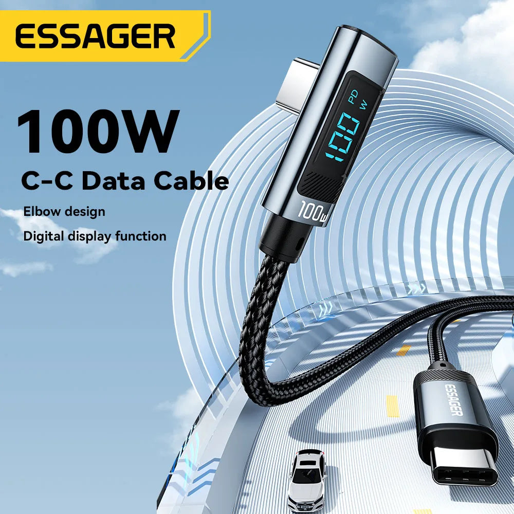 Essager PD100W USB Type C Cable 90 Degree 5A Fasting Charing For iPhone Xiaomi Samsung Huawei Laptops LED Digital Display Cable