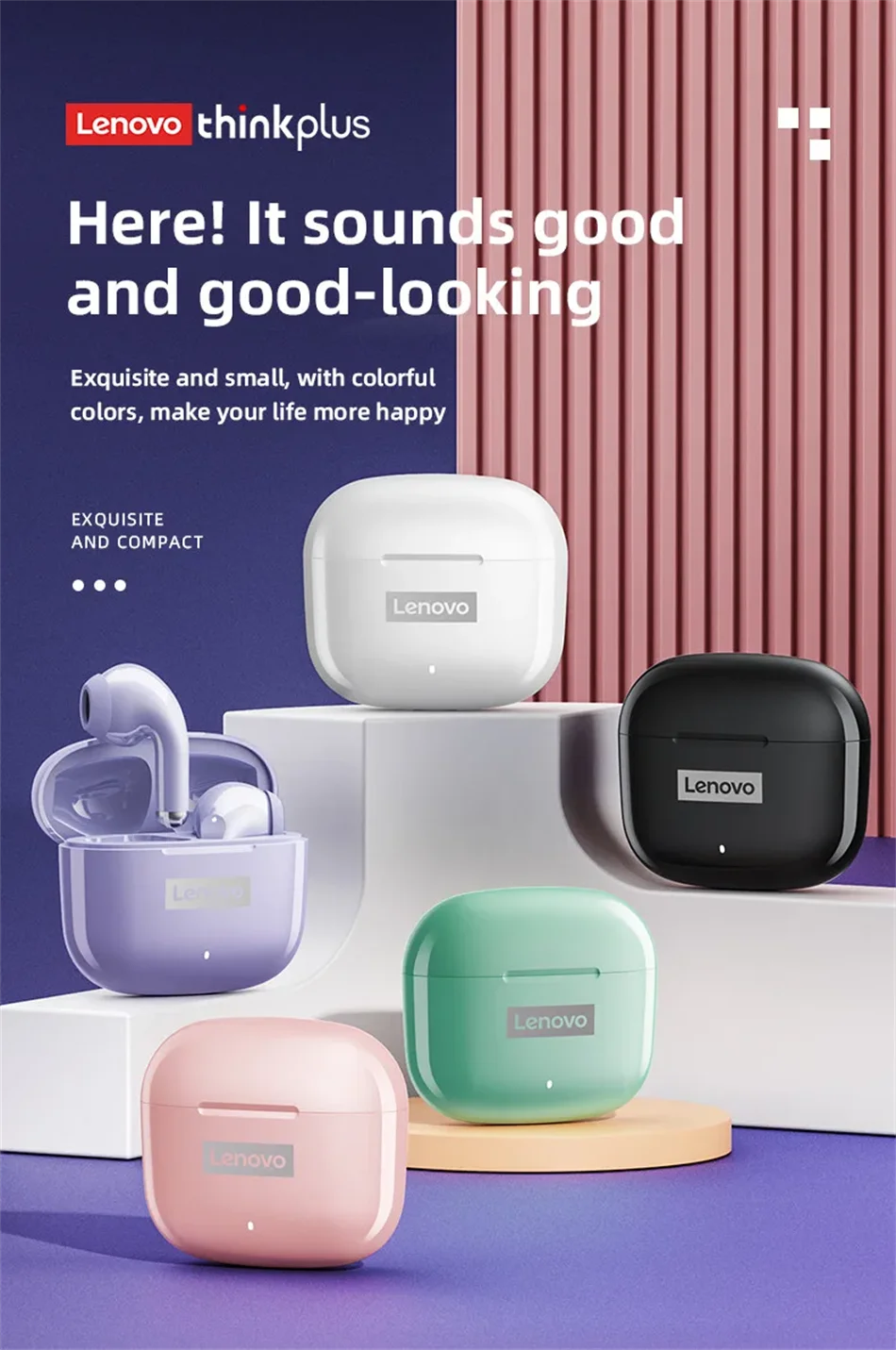 Lenovo LP40 Pro Wireless Earbuds Bluetooth 5.1 25H Playtime USB-C Fast Charge Deep Bass Touch Control IPX5 Sport Headphones