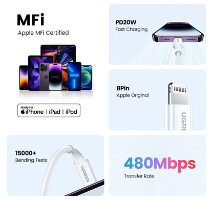 UGREEN MFi 20W PD USB C to Lightning Cable for iPhone 14 13 12 11 Fast Charging for Apple iPad Phone Charger 25cm 50cm 2m short