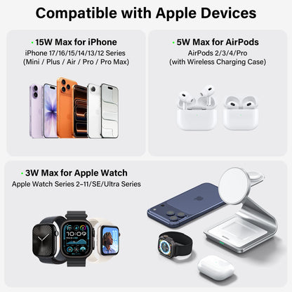 Bonola Magnetic 3 in 1 Wireless Charger for iPhone 17/16/15/13/14/12 30W Wireless Charging Station for Apple Watch/AirPods Pro