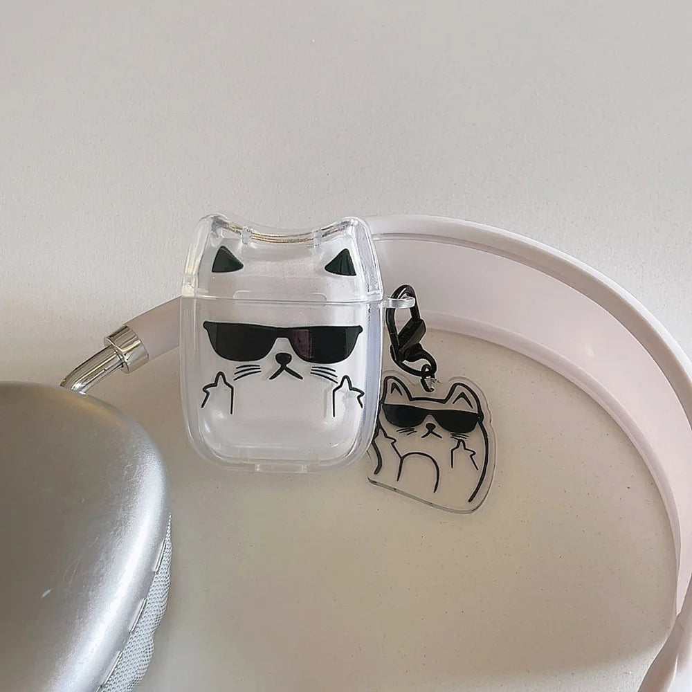 Cute Cartoon Sunglasses Cat Earphone Case For Airpods Pro 2 Bluetooth Headphone Cover For AirPods 4 3 2 Protective Case Keychin