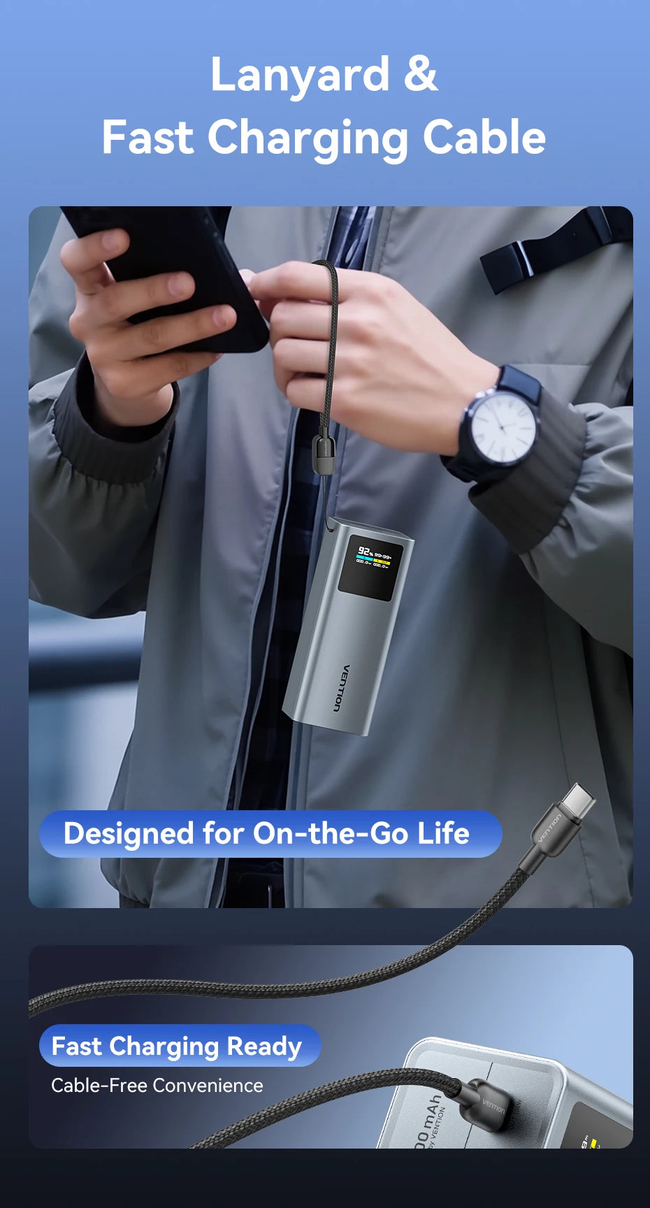 Vention 100W 20000mAh Power Bank PD External Battery PowerBank for iPhone 17 Fast Charging With USB-C Cable TFT Digital Display
