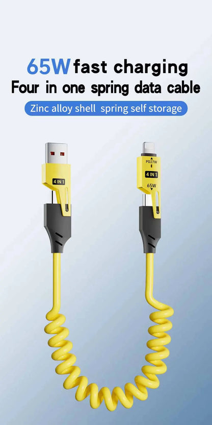 4 in 1 PD 27W 65W Fast Charging Spring Cable USB Type C To Type C And Lightning Data Cable Wire For iPhone 15 16 Samsung Xiaomi