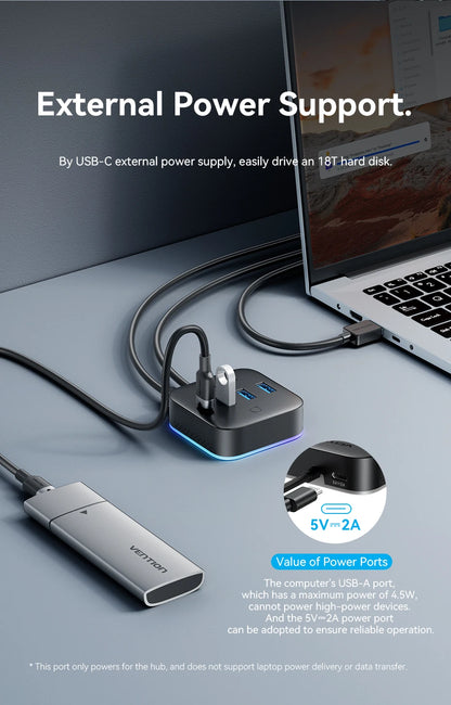 Vention USB A 3.0 HUB RGB Light Switch USB C 3.2 Gen1 5Gbps Desktop Hub Adapter for PC Laptop Accessories USB Splitter Extender