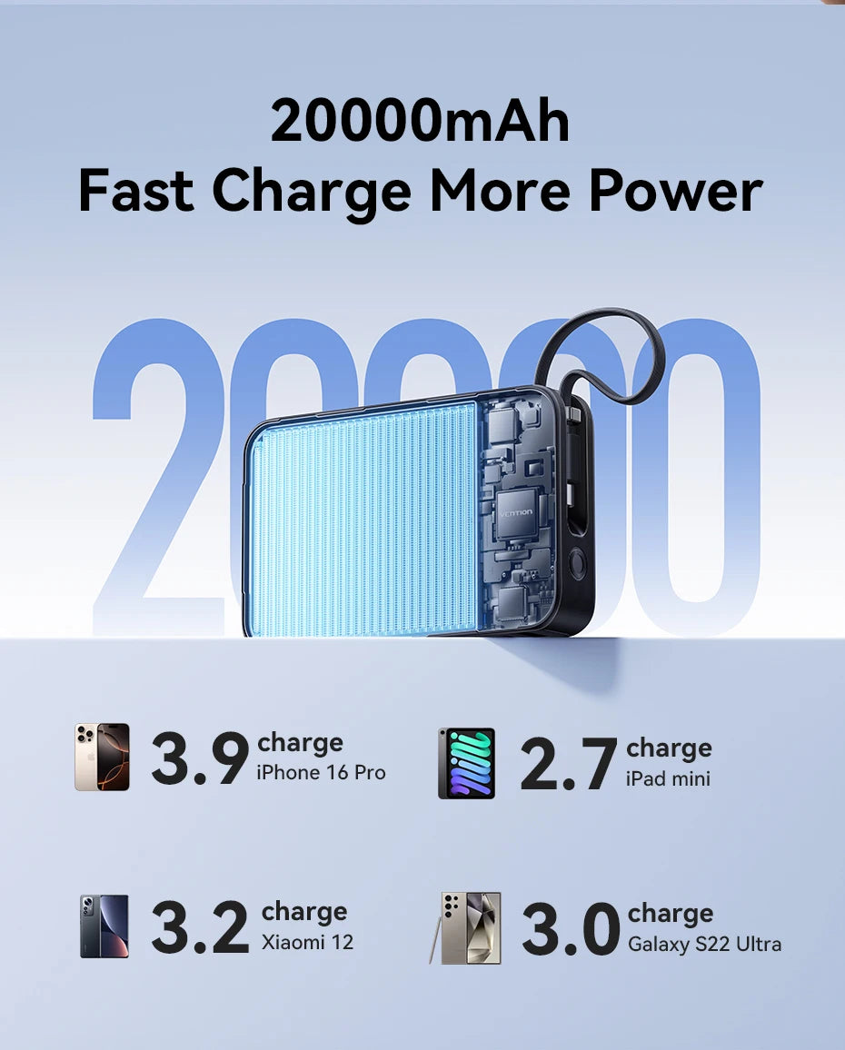 Vention 65W Power Bank 20000mAh Built-in USB-C Cable Portable Powerbank for Laptop PD Fast Charger for iPhone 18 Samsung S26 S25