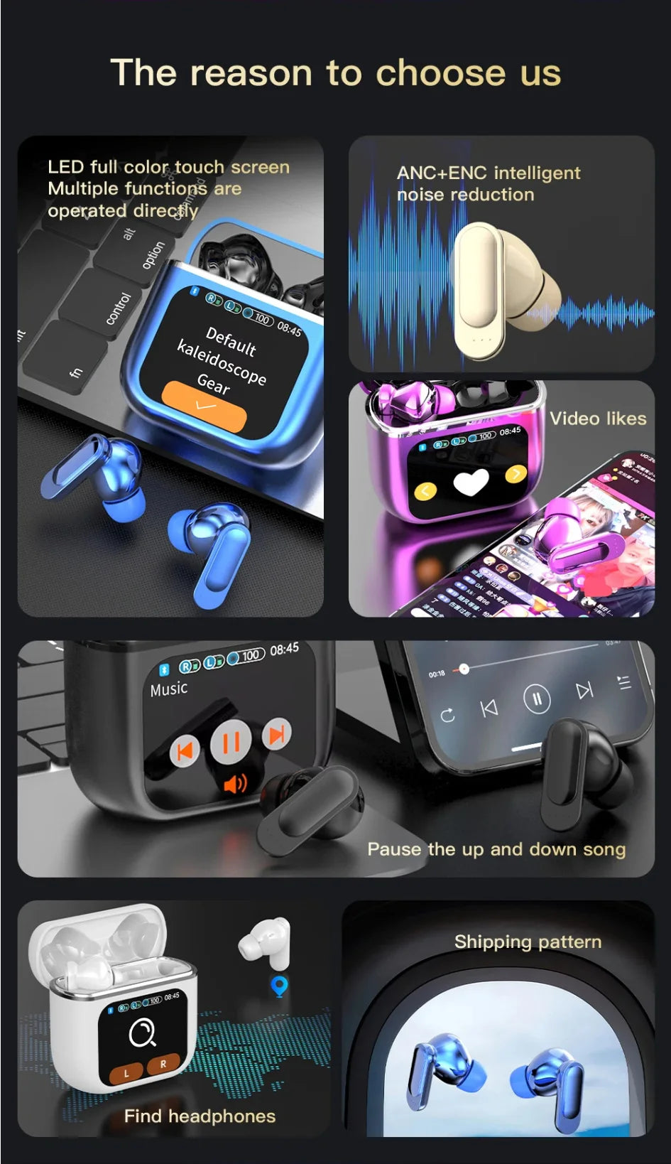 SE-60 TWS Touch Screen Bluetooth 5.4 Earphones ANC ENC Noise Cancelling Gaming Low Latency Stereo Wireless Earbuds Long Battery