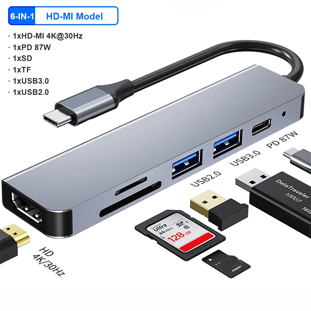USB C HUB 4K30Hz Docking Station 8-IN-1 USB 3.0 Splitter Type C to RJ45 SD/TF Card Reader for MacBook Notebook Laptop Computer