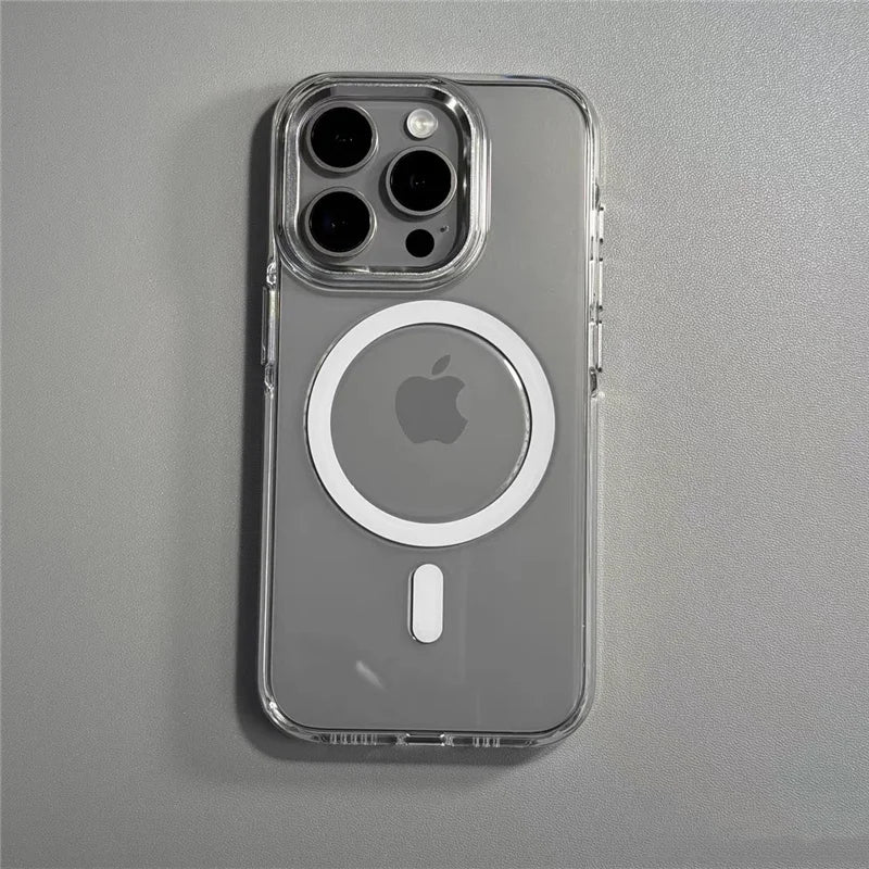 Transparent Wireless Charging for Magsafe Case for iPhone 18Pro 17 16 17Pro Max Alloy Lens Clear Shockproof Hard Armor Cover
