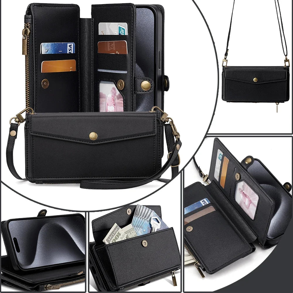 Wallet Flip Stand Leather Case For iPhone 11 12 13 14 15 Pro Max 6 6s 8 7 Plus X XS XR SE 2020 SE3 2022 Cover Crossbody-Bags